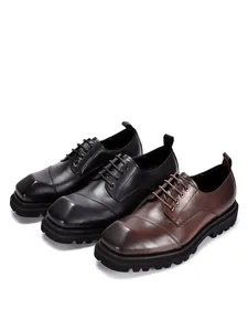 Gedetailleerd overzicht van dikke lederen Derby-schoenen voor heren in zwart en bruin.
