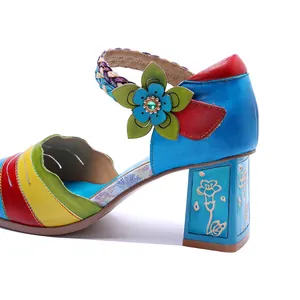 Handmade genuine leather patchwork vintage high-heeled sandals with carved floral heel