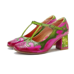 Zapatos Mary Jane de Cuero Genuino para Mujer Vintage Correa en T Tacón Bloque Grabado Floral Bloques de Color Zapatos de Tacón