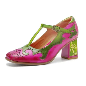 Zapatos Mary Jane vintage hechos a mano en cuero rosa y verde con un tacón floral
