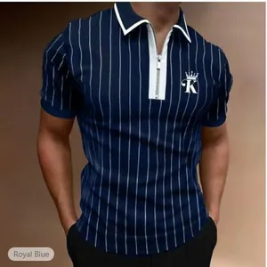 Mens navy blue vertical striped polo shirt with quarter zip and white crown logo detail