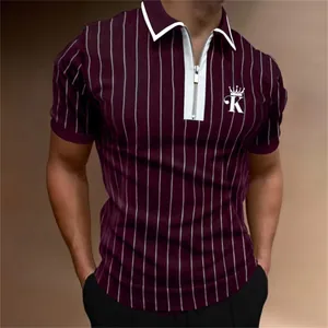 Close-up of men's burgundy striped polo shirt with white zipper collar and crown logo.