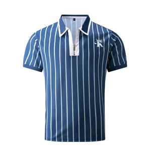 Men's fashion blue vertical striped quarter-zip polo shirt with unique crown logo print