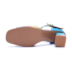 Bottom view detail of multi-color leather sandal with decorative chunky heel and sole