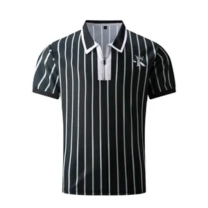 Front detail of men's black and white striped polo shirt with zipper