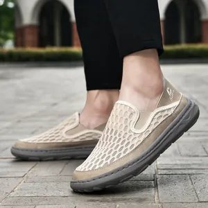 Breathable beige mesh loafers for men with soft sole and slip-on design