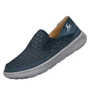 Breathable navy blue mesh slip-on loafers for men with flexible grey soles