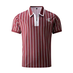 Close-up of men's burgundy striped polo shirt featuring white contrast collar and zipper