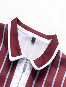 Detailed macro shot of a men's striped sports polo shirt collar with metal zipper