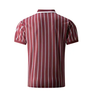 Back view of a men's casual polo shirt featuring dark red and white vertical stripes