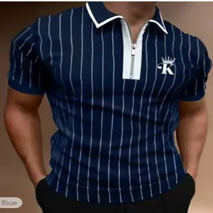 Men's navy blue striped polo shirt with white vertical lines and a crown logo print