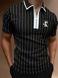 Stylish men's striped polo shirt featuring a zipper collar and crown K chest print
