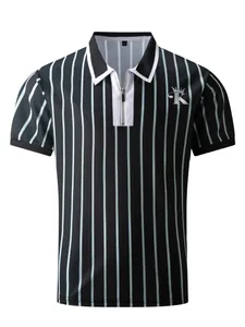 Casual men's vertical striped short sleeve polo shirt with zipper neck and crown logo