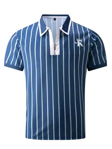Blue and white vertical striped men's polo shirt with zipper collar and crown logo