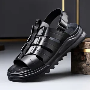 Men's Casual Leather Sandals 2024 Fashion Trend Soft Sole Open Toe Beach Shoes Non-Slip Outdoor Walking Sandals For Men Black