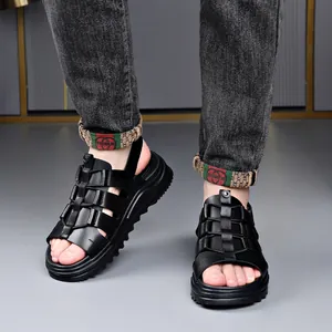 Men's stylish black leather beach sandals with thick soft soles and open toe design