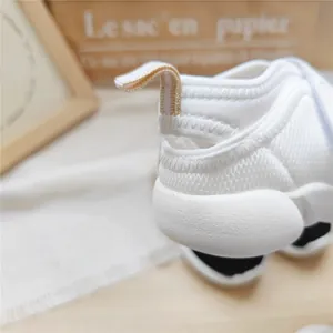 Close-up detail of white breathable mesh children's sports sandals with heel pull tab