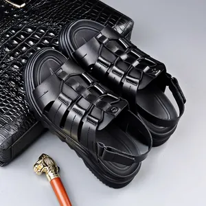 Fashionable black leather sandals for men with soft sole and open toe beach design