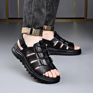 Casual men's black leather sandals for summer with soft sole and stylish strap design