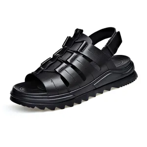 Trendy men's black leather sandals with soft serrated soles for beach and casual wear