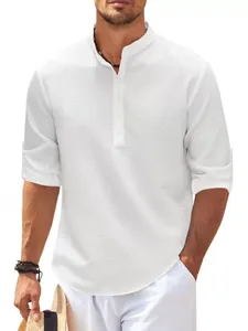 Detailed view of white men's casual shirt with stand collar and pineapple texture