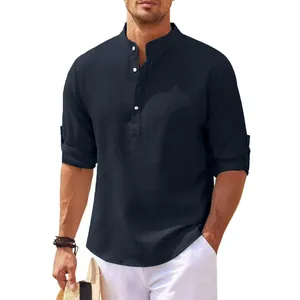 Close-up of men's navy blue waffle knit shirt with stand collar and buttons