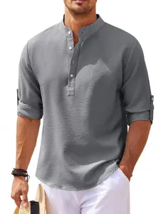 Close-up of grey waffle knit henley shirt featuring pineapple texture and stand collar