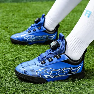 Professional kids blue soccer turf shoes with flame pattern and rotary buckle closure