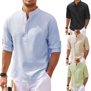 Casual men's long sleeve shirt with stand collar and pineapple grid texture in multiple colors