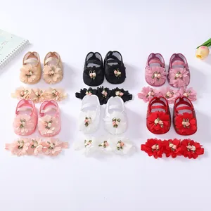 Infant Baby Princess Shoes And Headband Set Soft Sole Newborn Toddler Dress Shoes With 3D Flower Decoration For 0-1 Year Old Girls