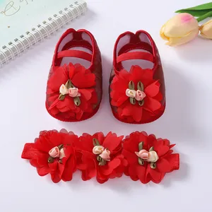 Elegant red baby floral princess shoes and matching headband set for newborn gift