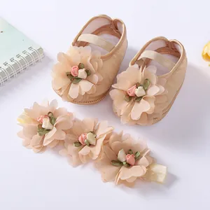 Champagne baby floral soft sole shoe and headband set for newborn girl formal wear