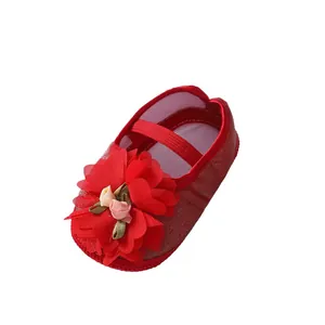 Red soft sole baby princess shoe with floral decor for infants 0-1 year old