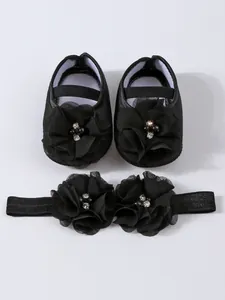 Chaussures de princesse noires pour bébé et ensemble bandeau à fleurs pour nouveau-nés