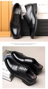 Detailed view of black leather business dress shoes with brogue accents and EVA soles