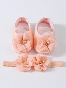 Ensemble chaussures de princesse bébé pêche et bandeau floral avec détails de perles