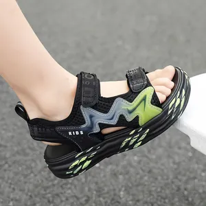 Jungen Sommer Lässige Sandalen Atmungsaktives Mesh Wellenmuster Weiche Rutschfeste Sohle Strandschuhe Für Kinder Mode Klettverschluss Sandalen