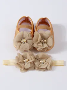 Chaussures de princesse pour bébé et ensemble bandeau floral à semelles souples
