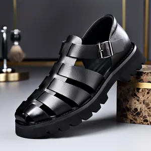 Heren Zomer Romeinse Sandalen Echt Leer Opengewerkt Dikke Zool Hoogteverhogend Ademend Strandschoenen Casual Zwart