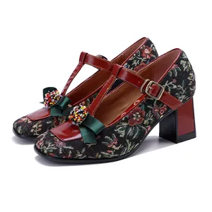 Women Retro Mary Jane High Heels Jacquard Sheepskin Block Heel Square Toe T-Strap Shoes With Bow Bead Ethnic Style Footwear