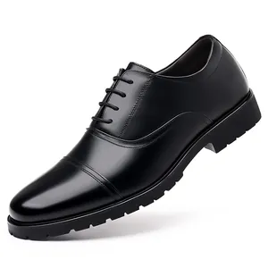 Premium black genuine leather business dress shoes with a classic cap toe detail