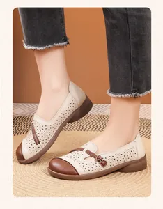 Breathable hollow-out leather loafers for women with soft anti-slip soles for summer comfort