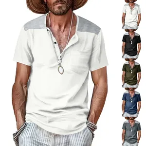 Men's V-neck Henley shirt with color block shoulders and chest pocket in multiple colors