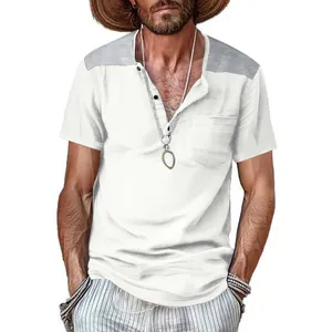 Detailed view of a men's short-sleeve color-block Henley shirt featuring a V-neck