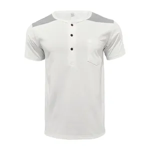 Detailed front view of men's white Henley shirt with grey color-block shoulders and pocket
