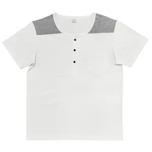 Detail showing men's white short sleeve Henley shirt with grey patches and pocket