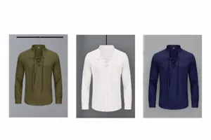 Men's casual lace-up cotton Henley shirts available in green, white, and navy blue