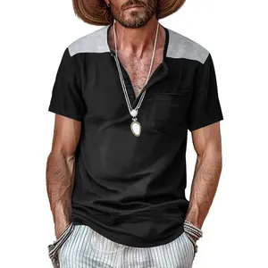 Stylish men's casual V-neck Henley shirt with color block design and front pocket.
