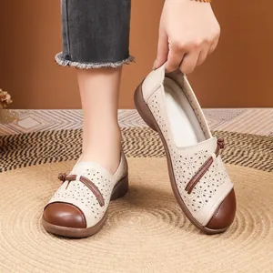 Breathable beige and brown hollow-out comfort loafers for women with soft non-slip soles