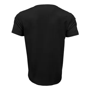 Back view of a minimalist plain black men's short sleeve Henley shirt with smooth fabric texture